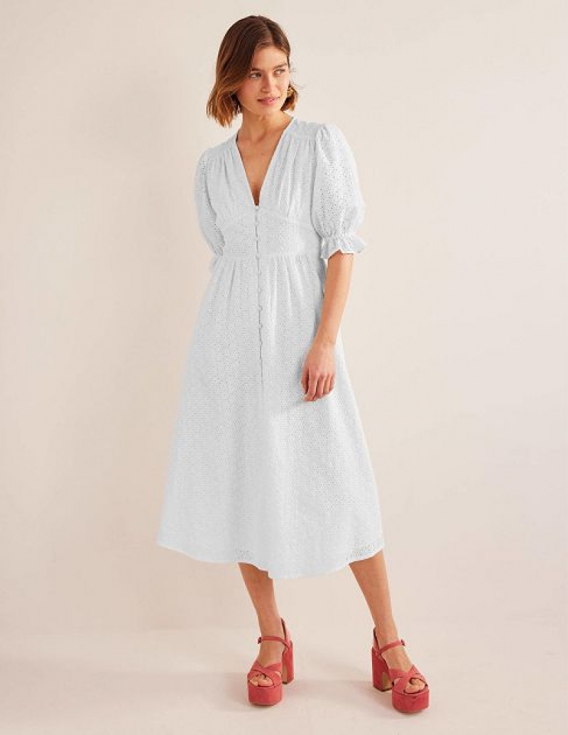 White Women's Boden Broderie Midi Dress | 39718JTGQ