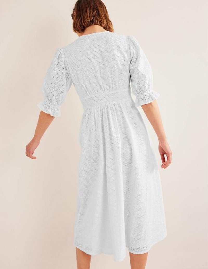 White Women's Boden Broderie Midi Dress | 39718JTGQ