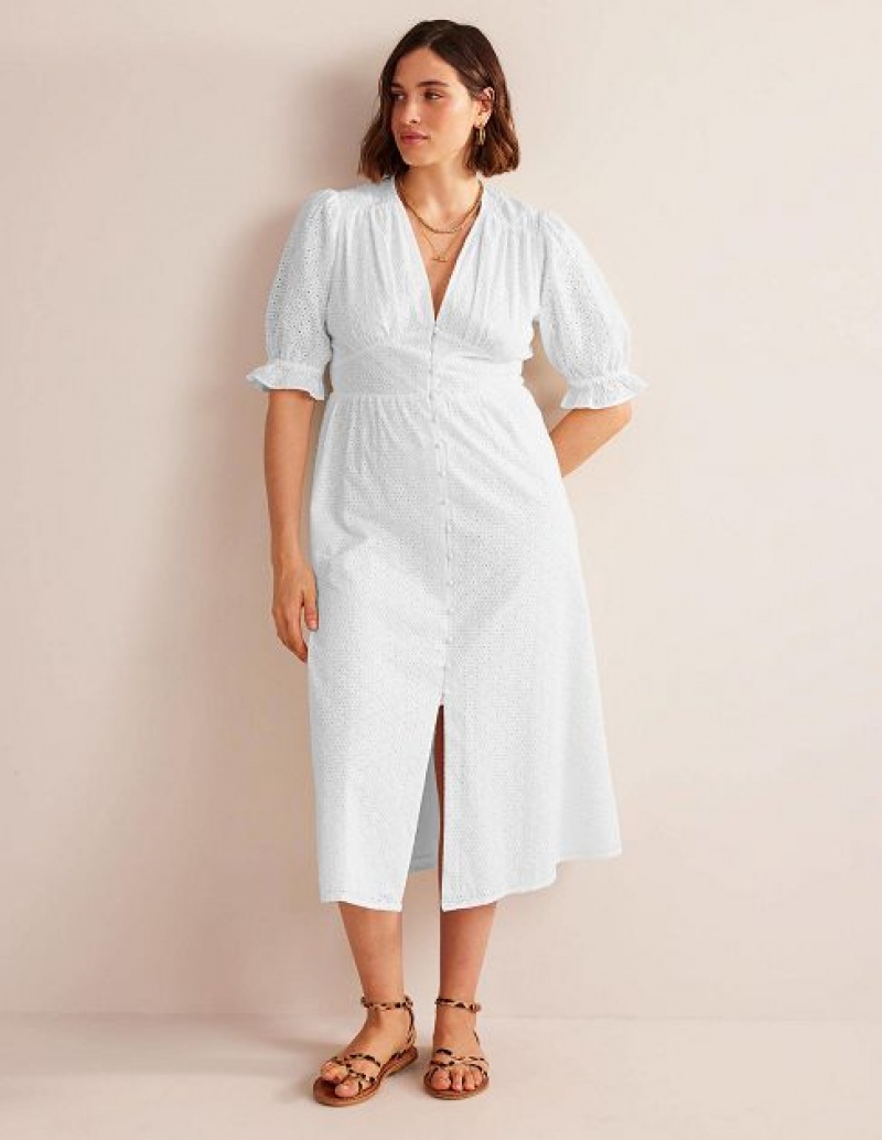 White Women's Boden Broderie Midi Dress | 39718JTGQ