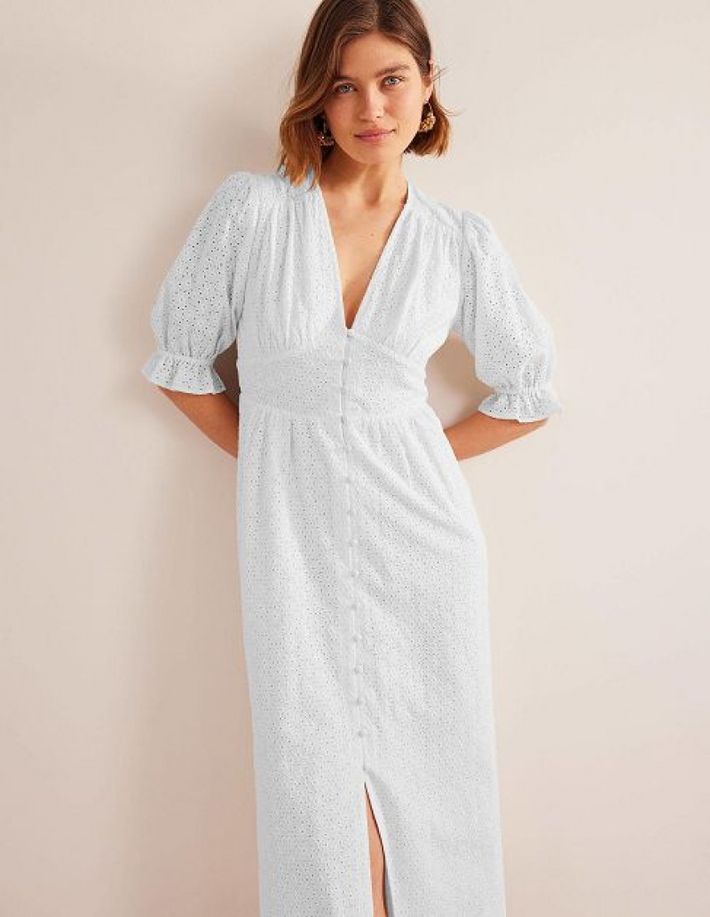 White Women\'s Boden Broderie Midi Dress | 39718JTGQ