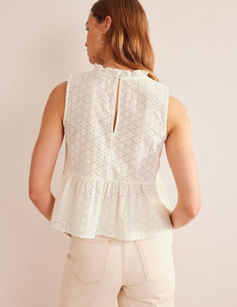 White Women's Boden Broderie Peplum Tops | 96370RHBX