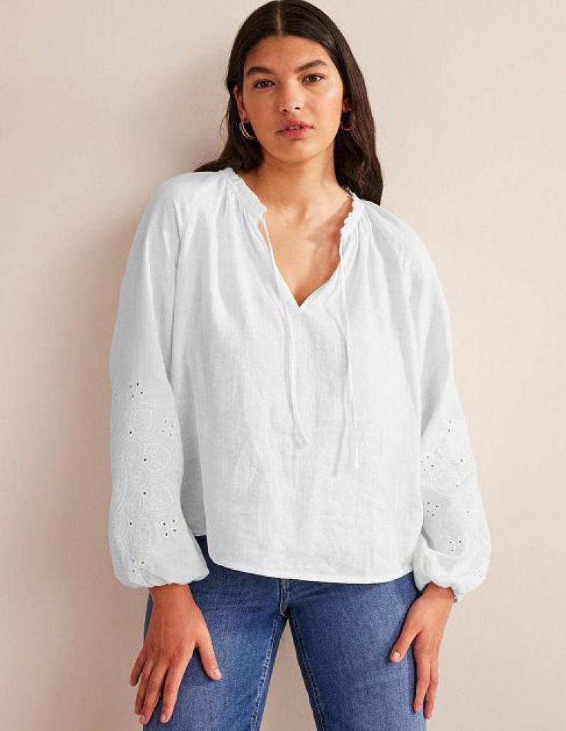 White Women's Boden Broderie Tie-neck Linen Tops | 71203EBPS