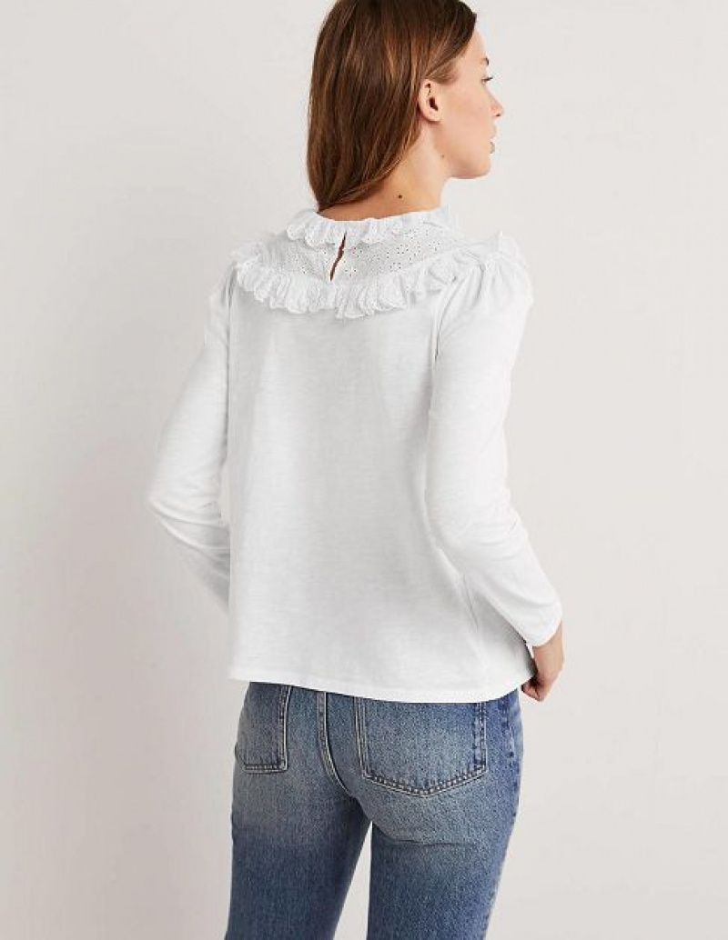 White Women's Boden Broderie Yoke Frill Tops | 43062OTHA