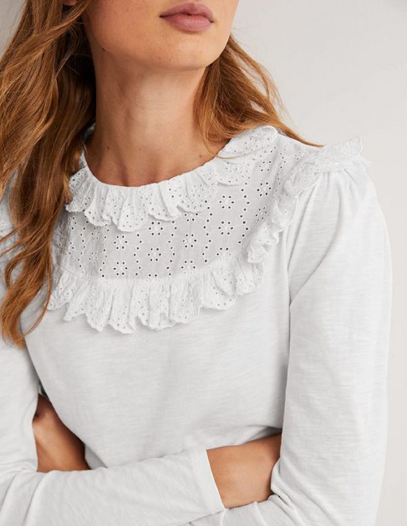 White Women's Boden Broderie Yoke Frill Tops | 43062OTHA