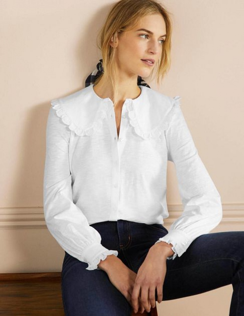 White Women's Boden Collared Jersey Shirts | 42139VHZB