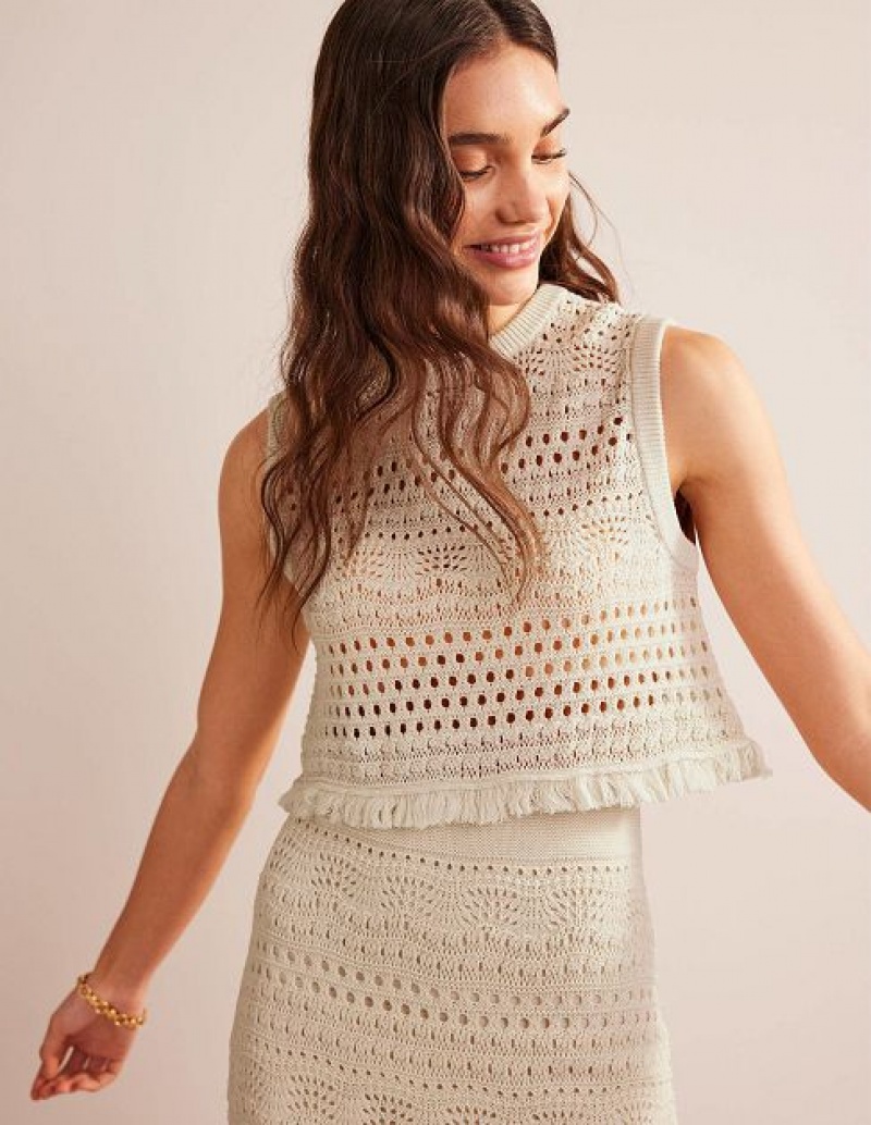 White Women's Boden Cropped Fringe Crochet Vest | 23408RUMQ