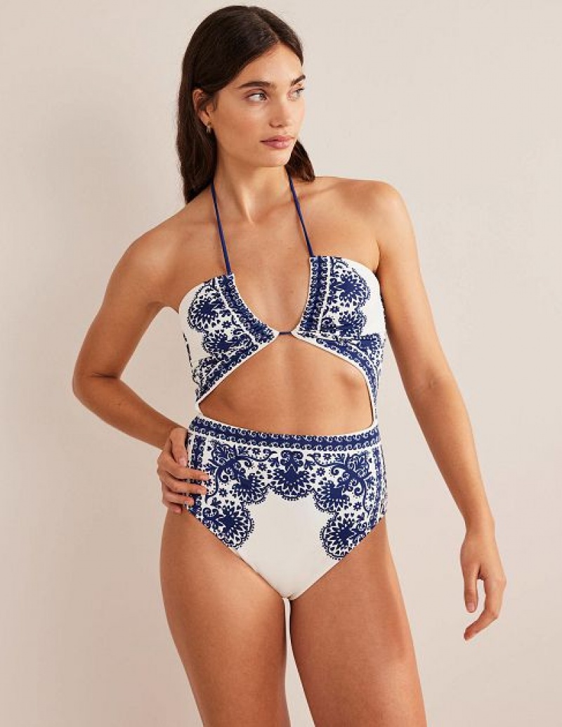 White Women's Boden Cut-out Detail String Swimsuits | 27630QLGO