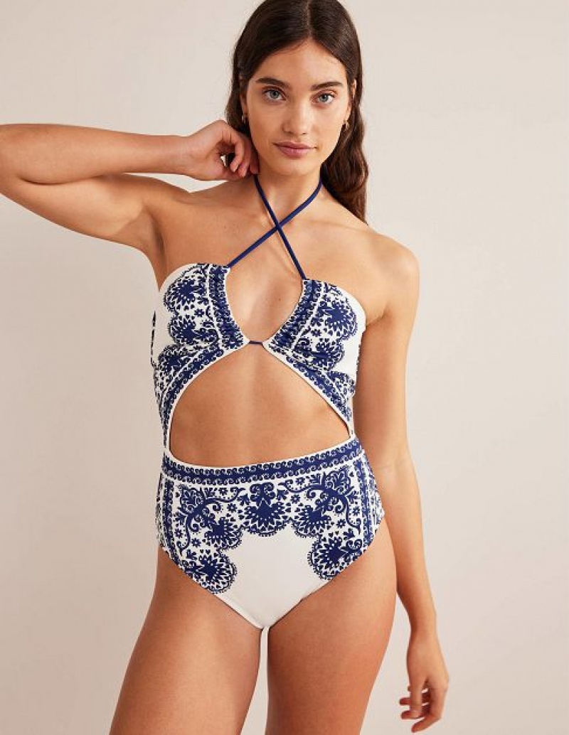 White Women's Boden Cut-out Detail String Swimsuits | 27630QLGO