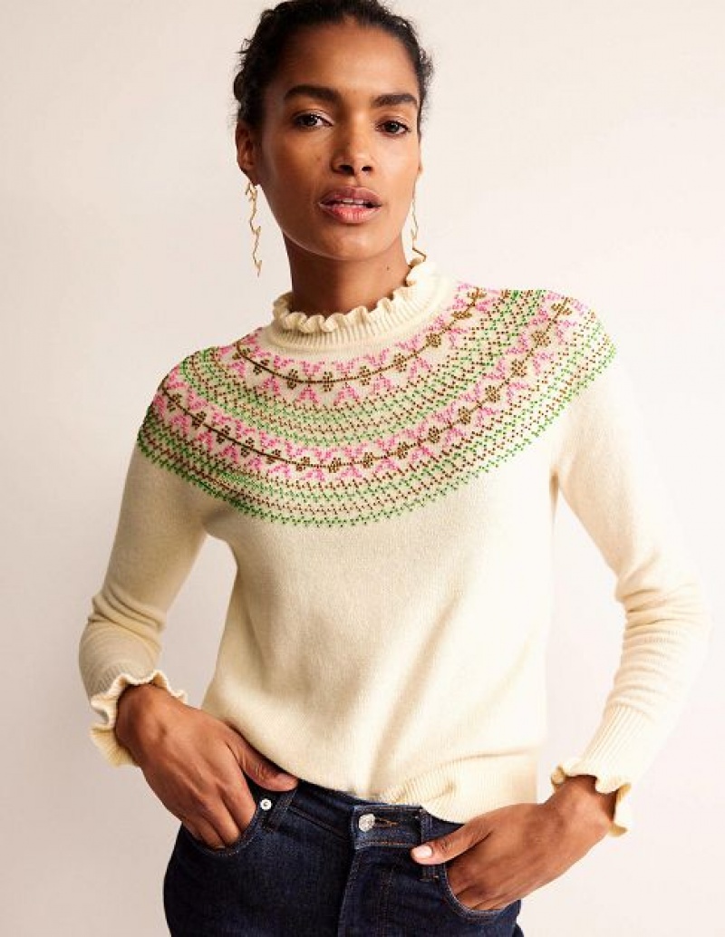 White Women's Boden Embellished Yoke Sweaters | 40625DGOA