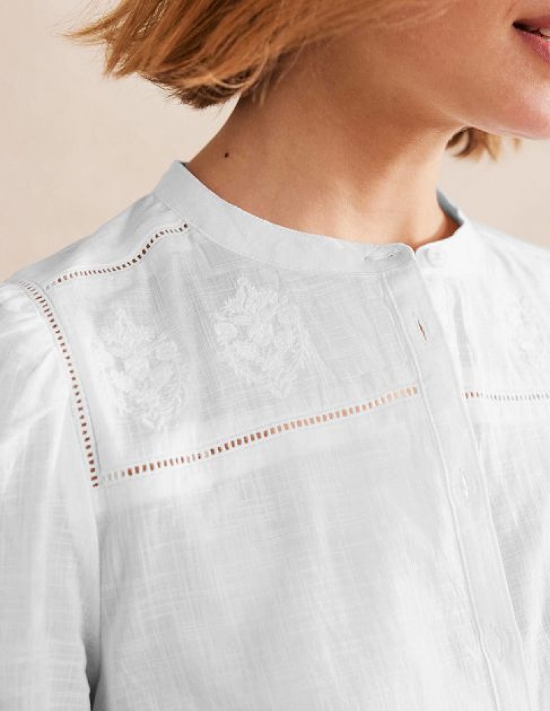 White Women's Boden Embroidered Blouson Sleeve Tops | 57018FDHU