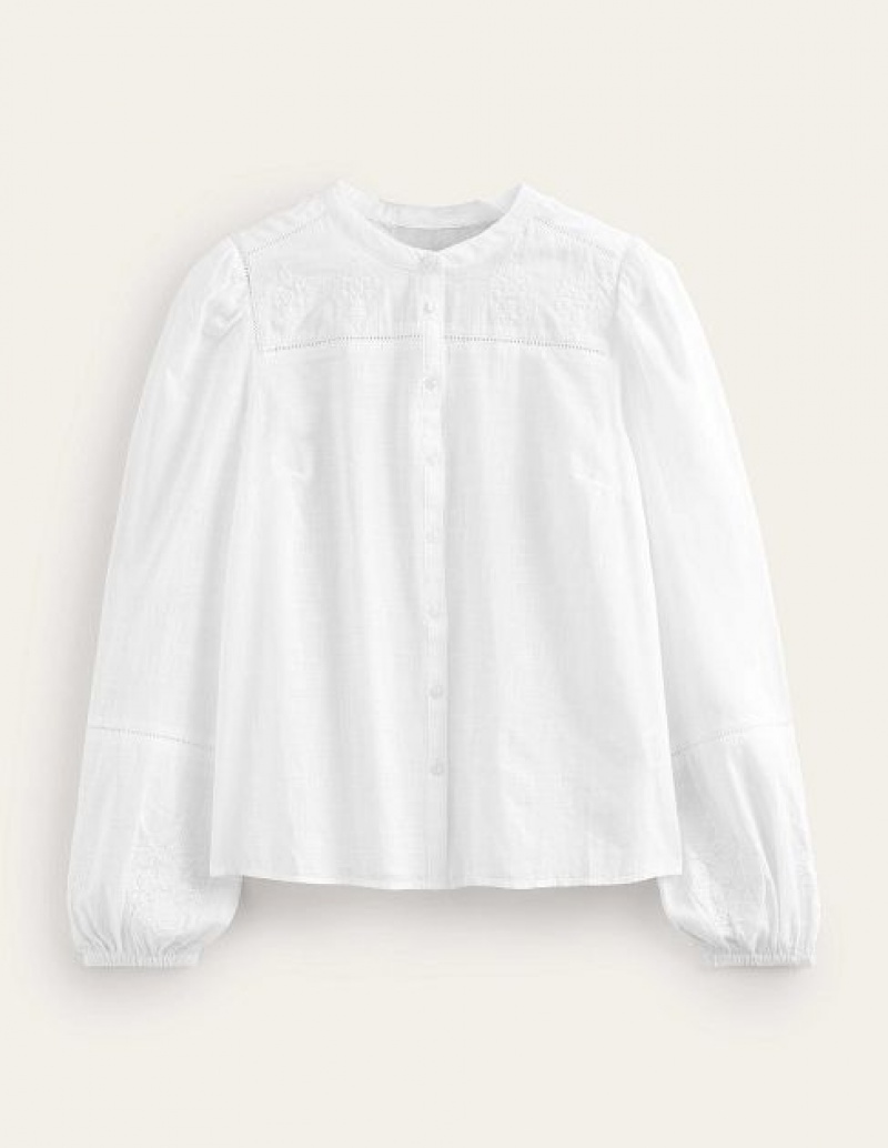 White Women's Boden Embroidered Blouson Sleeve Tops | 57018FDHU