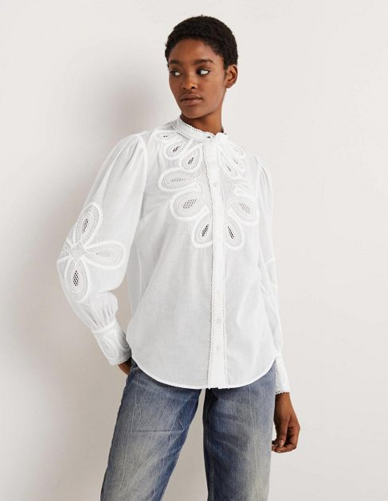 White Women's Boden Embroidered Shirts | 08649XUNV