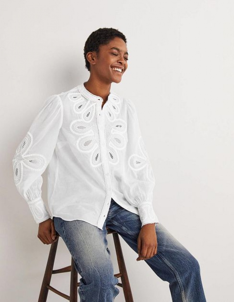 White Women's Boden Embroidered Shirts | 08649XUNV