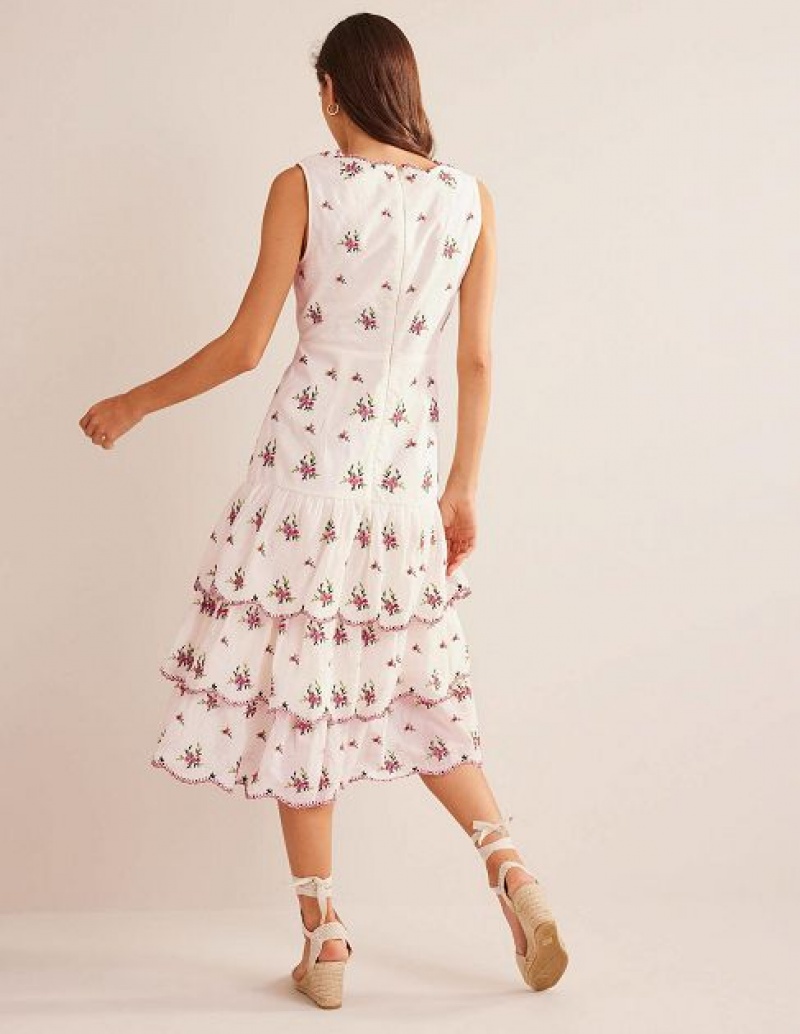 White Women's Boden Embroidered Tiered Midi Dress | 24586SBIP