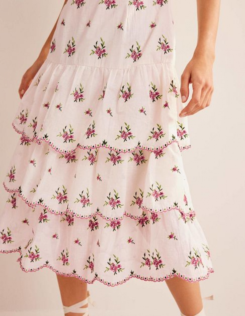 White Women's Boden Embroidered Tiered Midi Dress | 24586SBIP