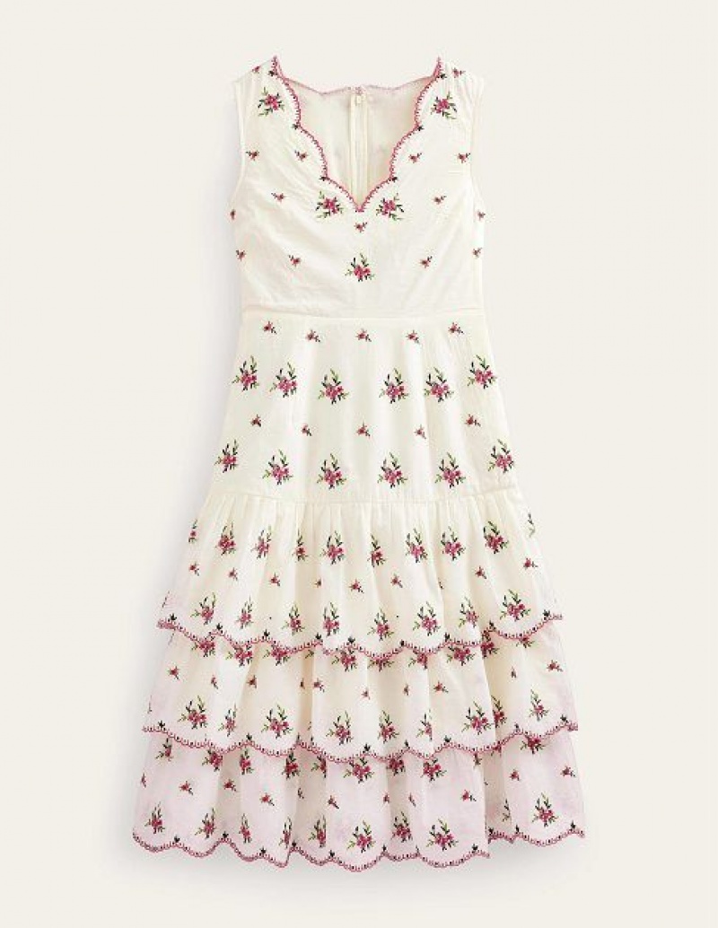 White Women's Boden Embroidered Tiered Midi Dress | 24586SBIP