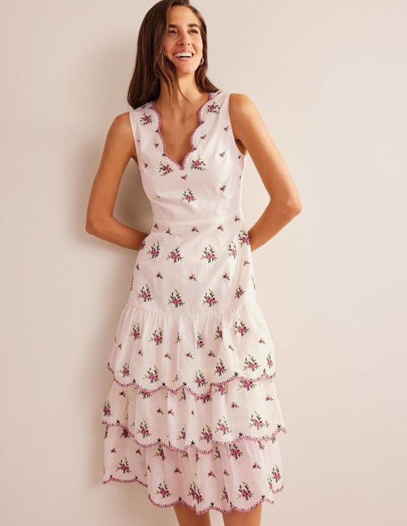 White Women\'s Boden Embroidered Tiered Midi Dress | 24586SBIP