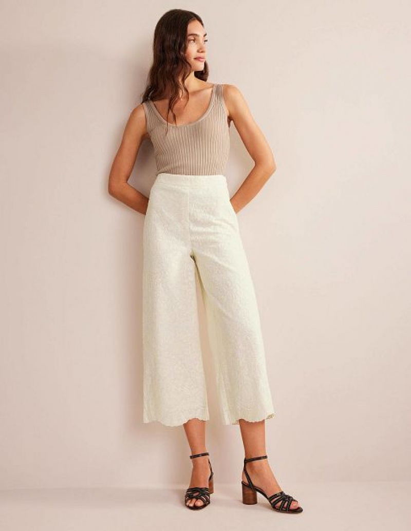 White Women\'s Boden Embroidered Wide Leg Pants | 51479HAMF