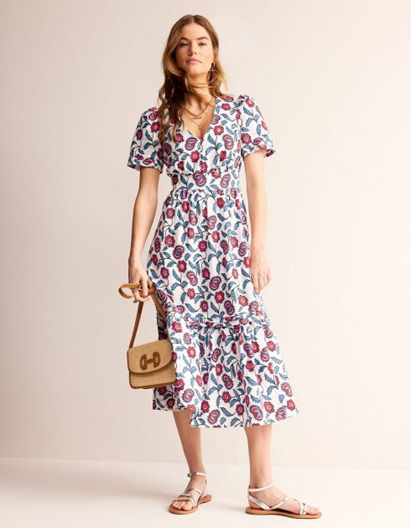 White Women\'s Boden Eve Linen Midi Dress | 37458TYMJ