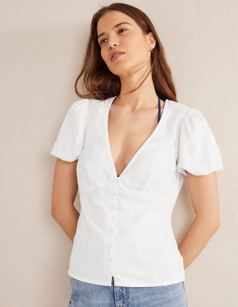 White Women's Boden Fitted Linen V-neck Tops | 79584GOIM