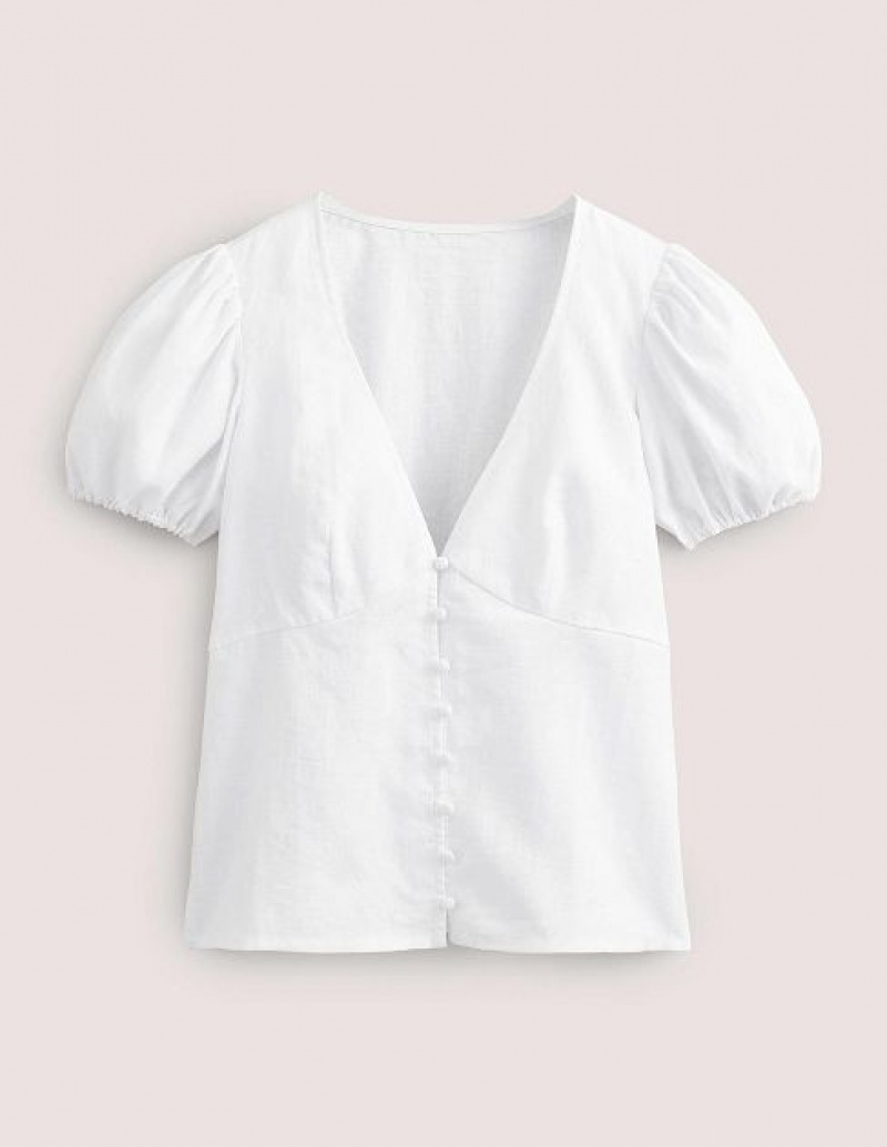 White Women's Boden Fitted Linen V-neck Tops | 79584GOIM