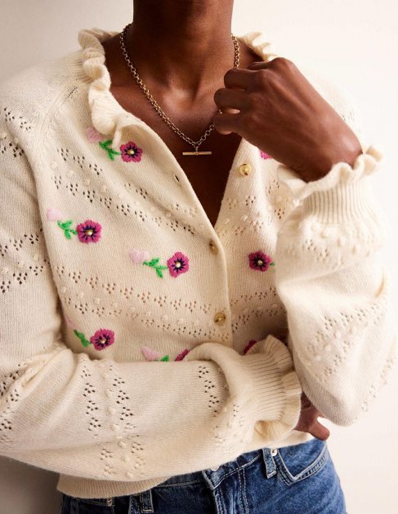 White Women's Boden Floral Embroidered Cardigan | 91623DMGS