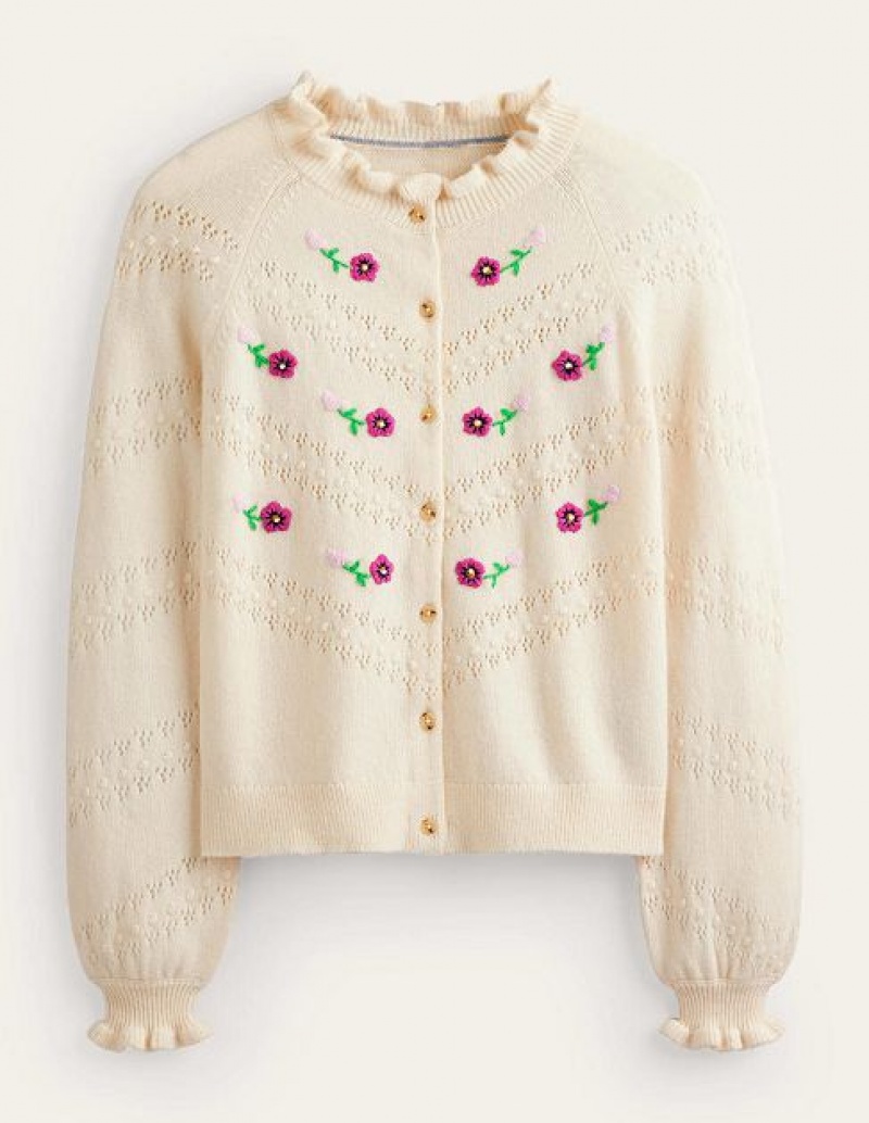 White Women's Boden Floral Embroidered Cardigan | 91623DMGS