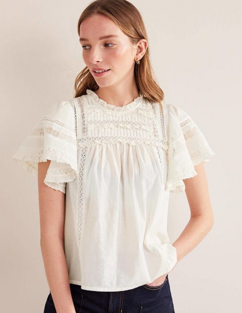 White Women\'s Boden Flutter Sleeve Trim Detail Tops | 26098ROMT