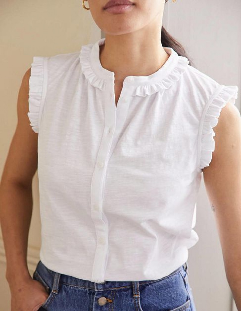 White Women's Boden Frill Detail Grown On Shirts | 93047DPNV