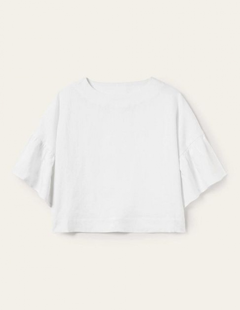 White Women's Boden Frilly Full Sleeve Linen Tops | 18069HMPI