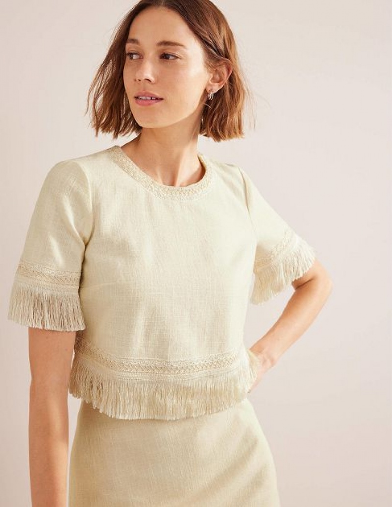 White Women\'s Boden Fringe Trim Tops | 10876MQEO