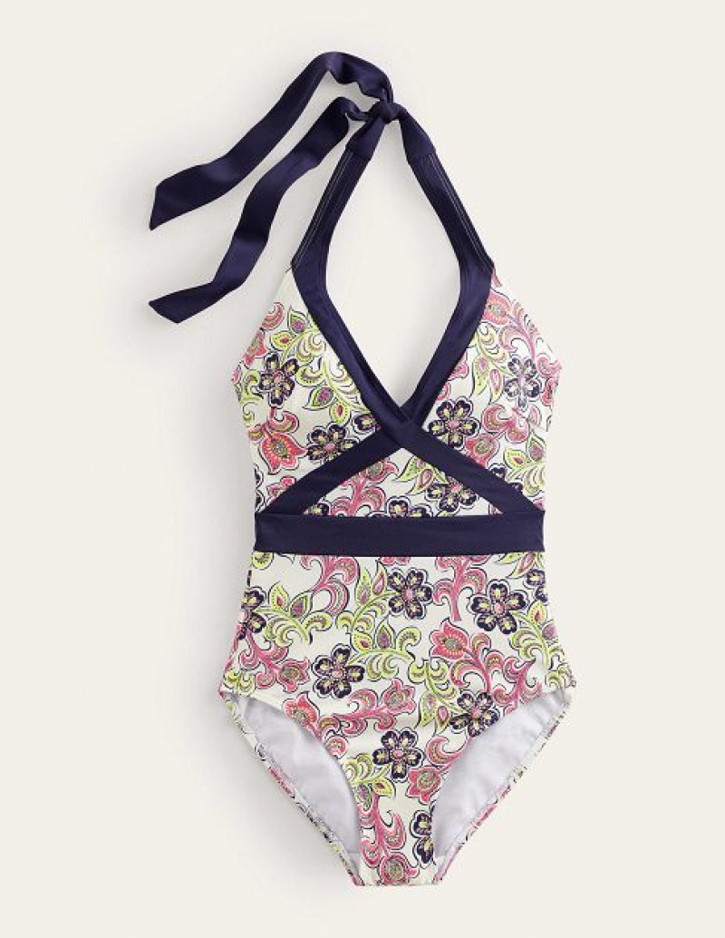 White Women's Boden Kefalonia Halterneck Swimsuits | 43097URHD