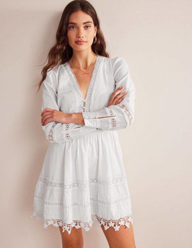 White Women's Boden Lace Trim Mini Dress | 25468NZEY