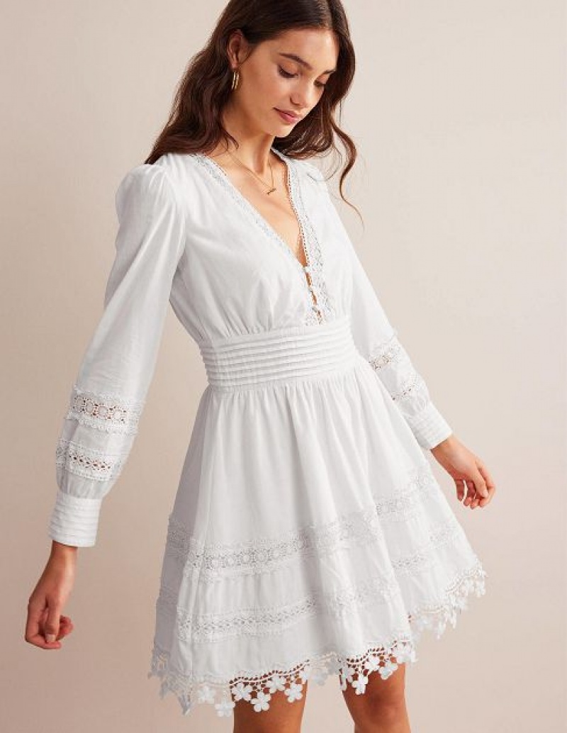 White Women\'s Boden Lace Trim Mini Dress | 25468NZEY