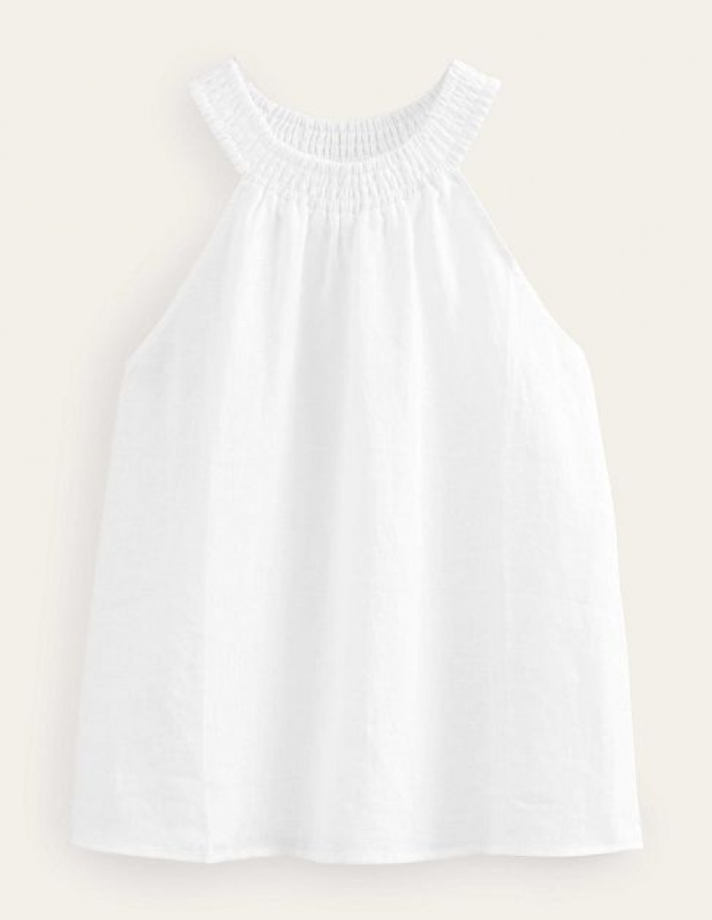 White Women's Boden Linen Smocked Halter Tops | 30275YSQI