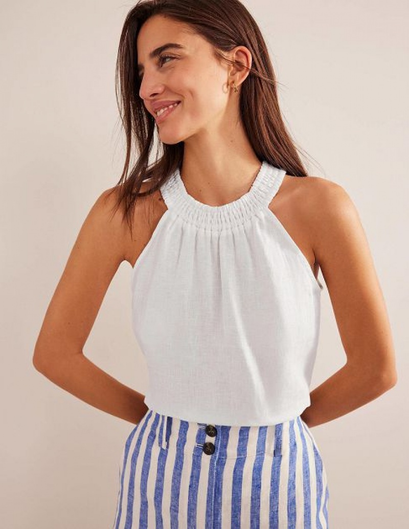 White Women\'s Boden Linen Smocked Halter Tops | 30275YSQI