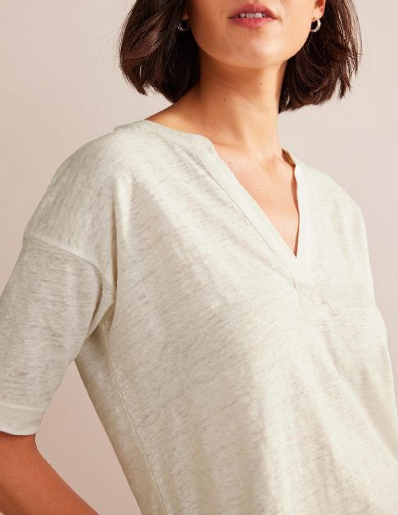 White Women's Boden Notch Neck Linen Henley Tops | 40278ZTRC