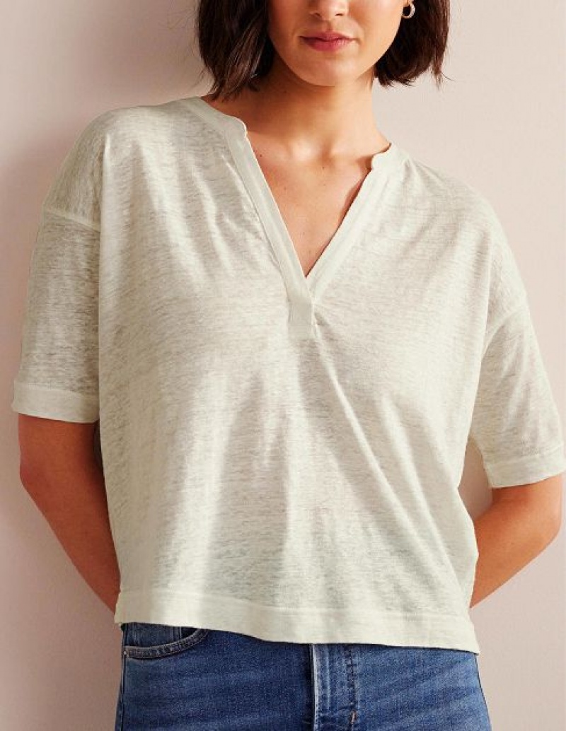 White Women's Boden Notch Neck Linen Henley Tops | 40278ZTRC