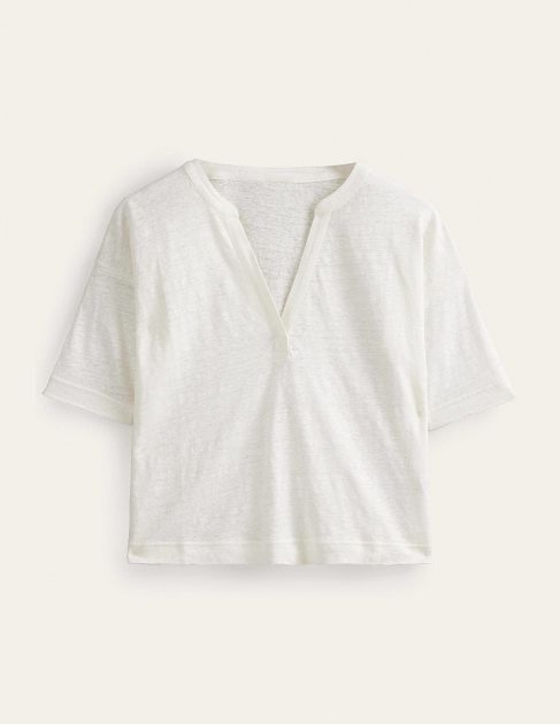 White Women's Boden Notch Neck Linen Henley Tops | 40278ZTRC