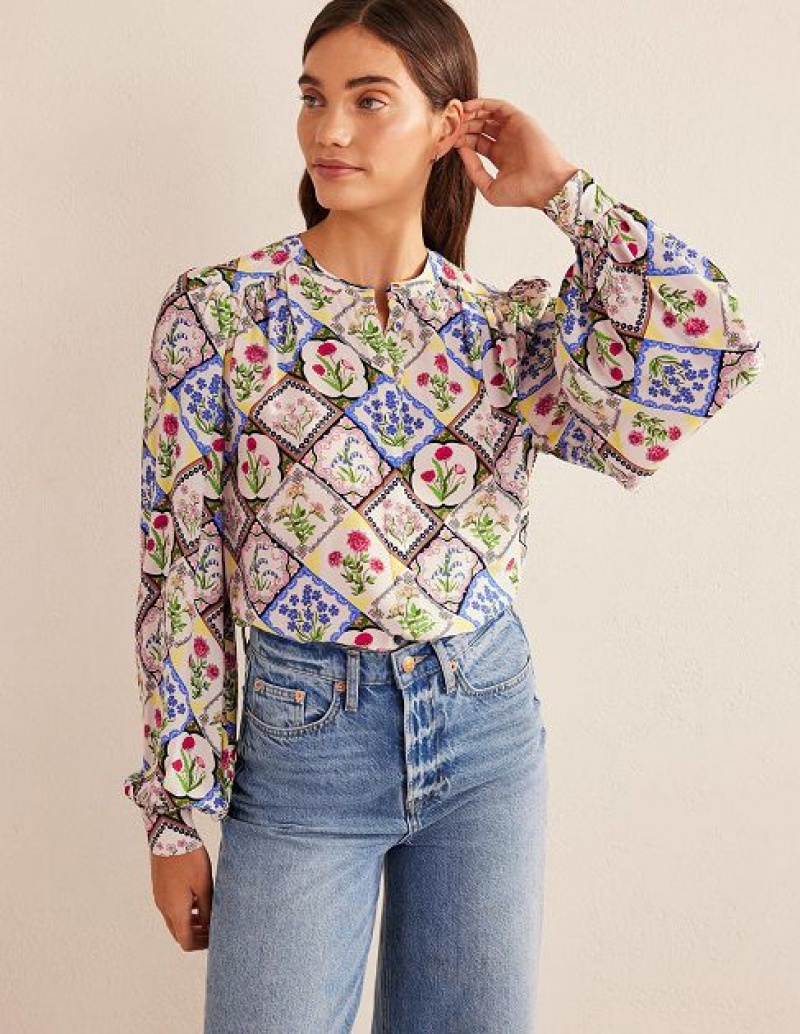 White Women's Boden Placement Print Shirts | 36798SARQ