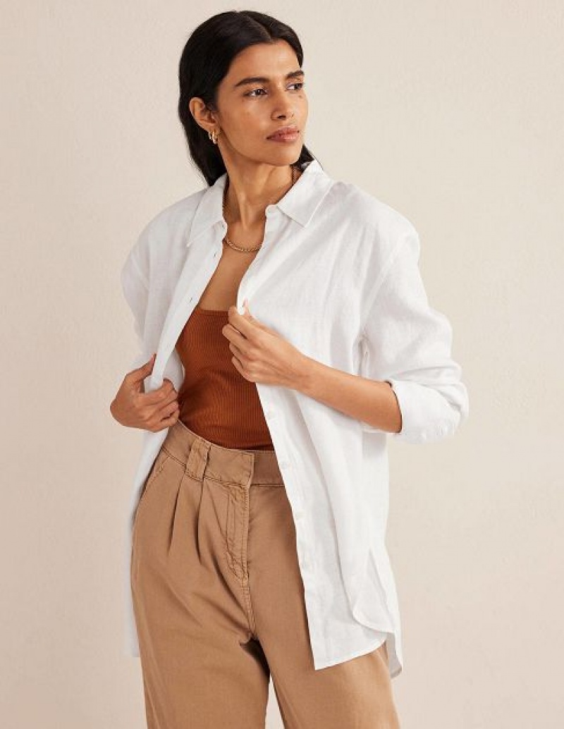 White Women\'s Boden Relaxed Linen Shirts | 90713GYFX