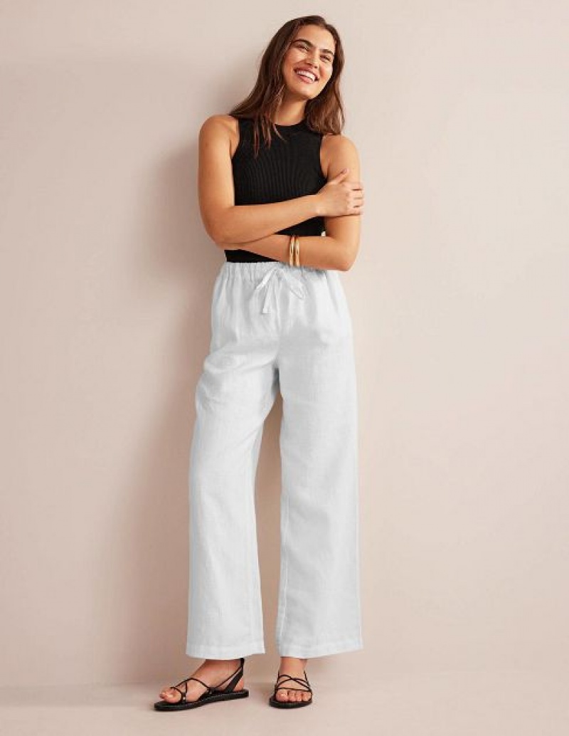 White Women\'s Boden Relaxed Pull-on Linen Pants | 97584WXIL