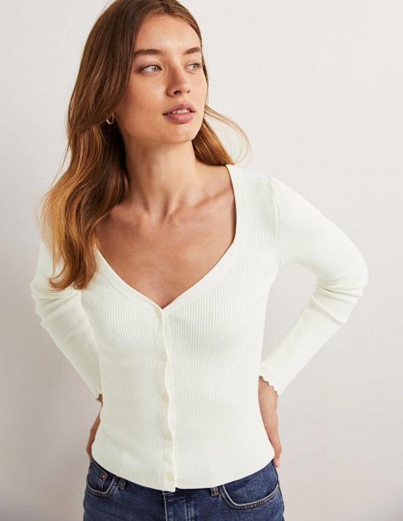 White Women's Boden Ribbed Sweetheart Cardigan | 16780ZYFS