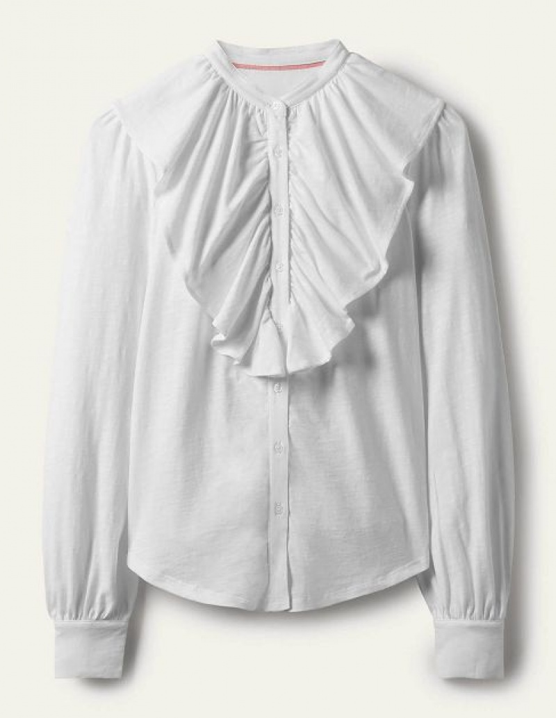 White Women's Boden Ruffle Front Jersey Shirts | 64295SYMZ