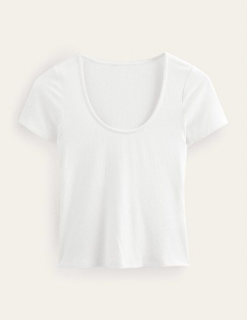 White Women's Boden Scoop Neck Ribbed Tops | 62379RLPU