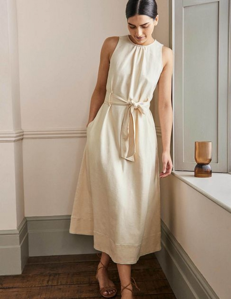 White Women's Boden Sleeveless Belted Midi Dress | 32849LZHQ