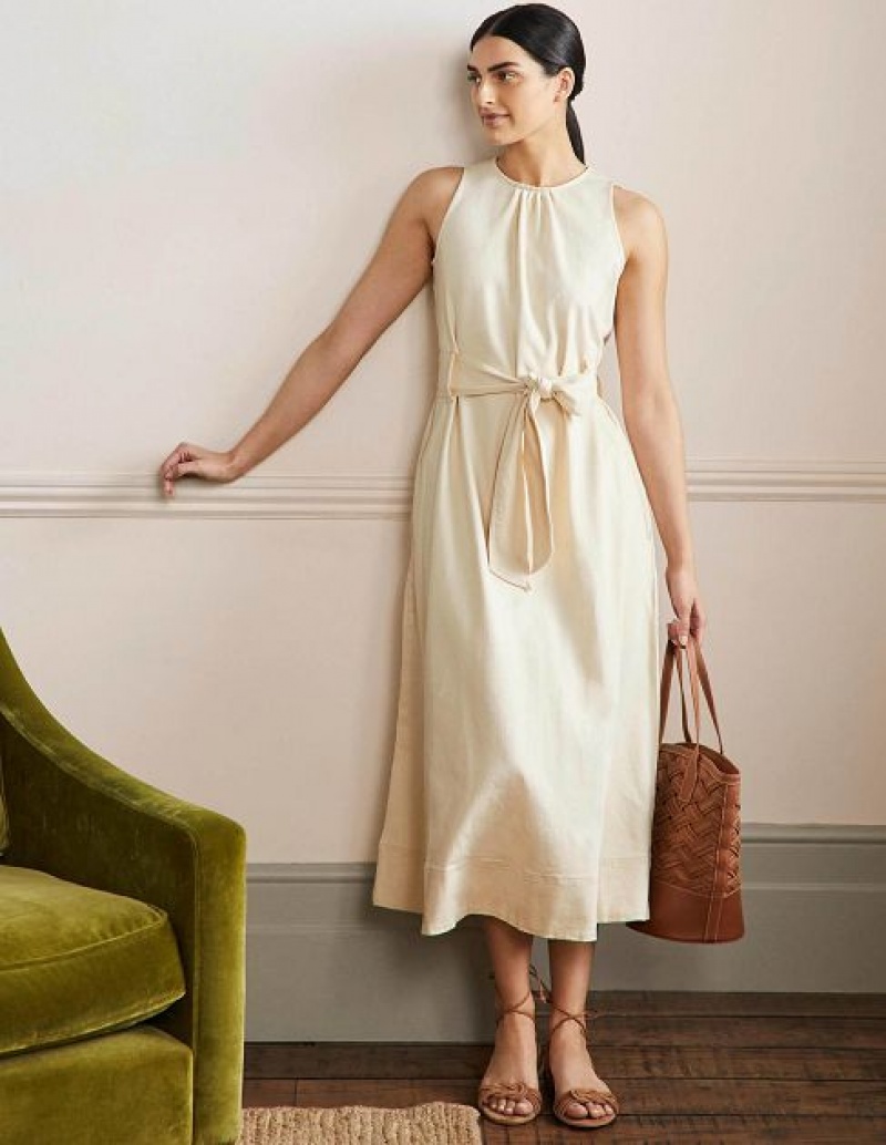 White Women\'s Boden Sleeveless Belted Midi Dress | 32849LZHQ