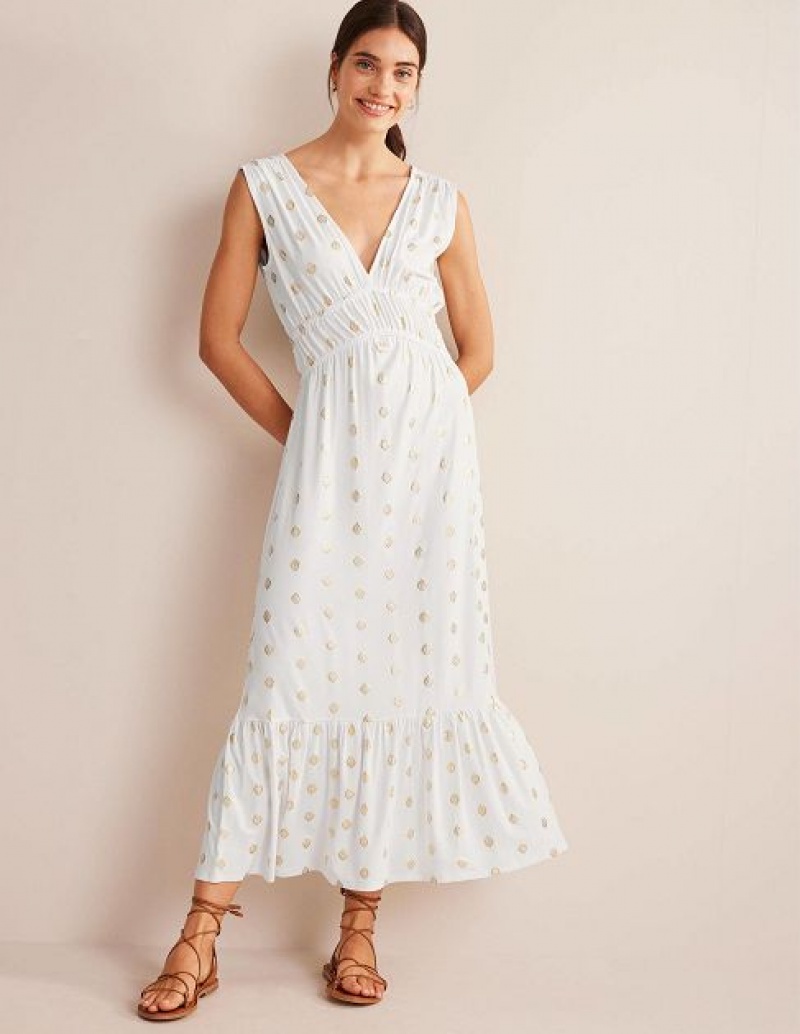 White Women\'s Boden Smocked Jersey Maxi Dress | 80642TDUN