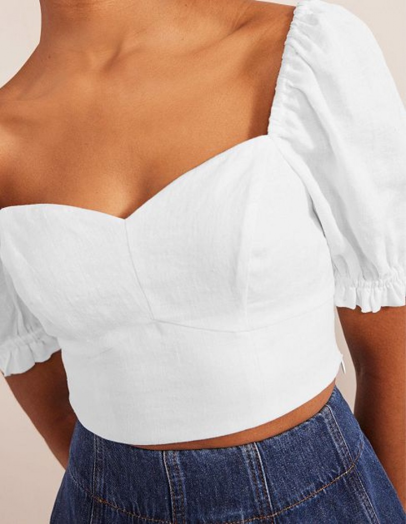 White Women's Boden Sweetheart Linen Cropped Tops | 58492IYQO