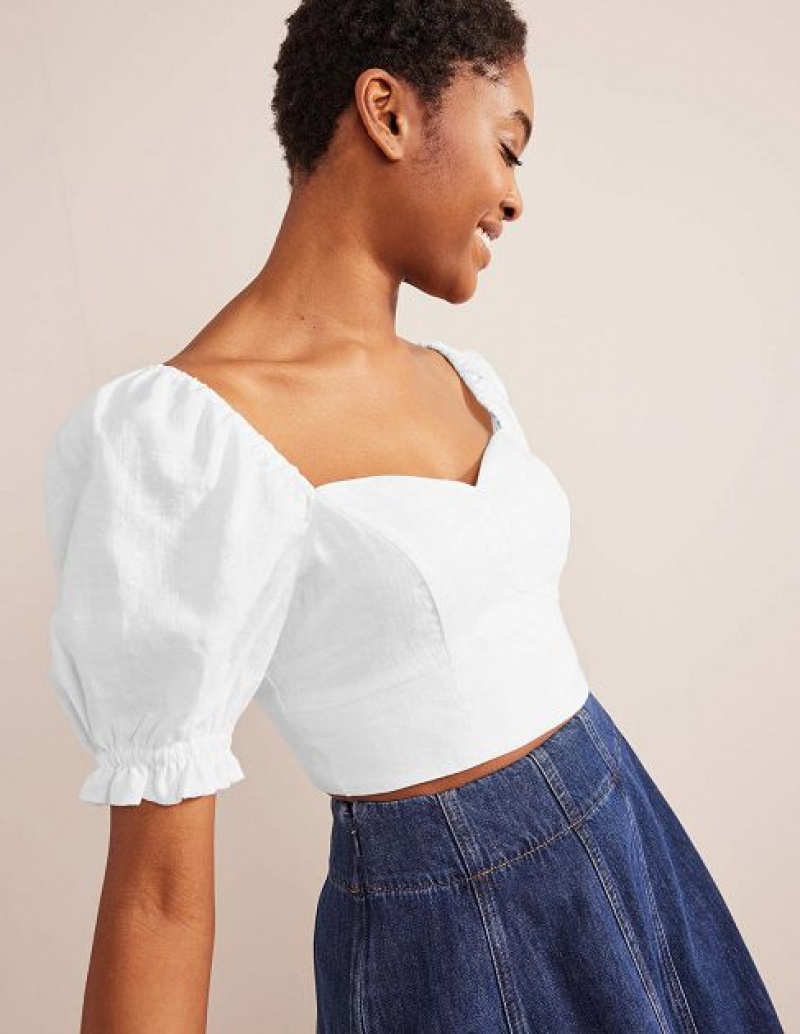 White Women's Boden Sweetheart Linen Cropped Tops | 58492IYQO